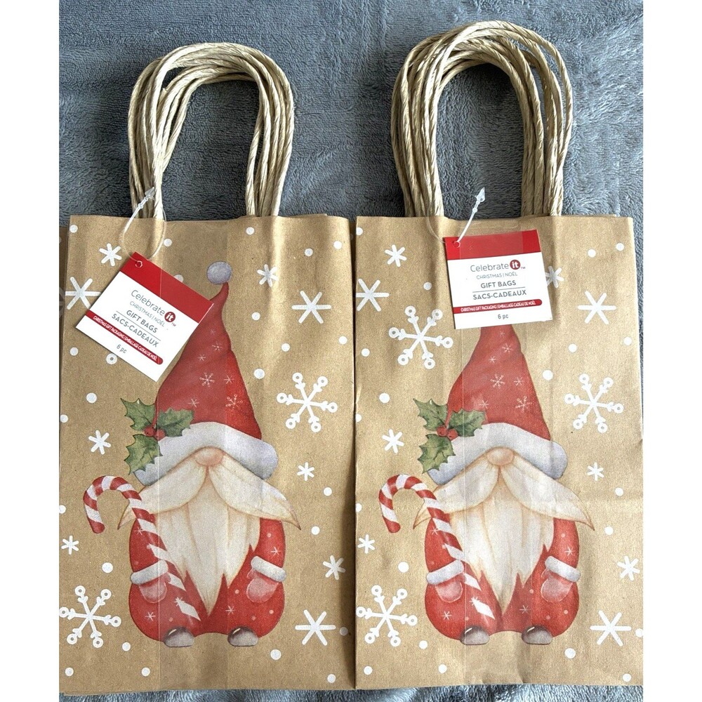 Christmas Gift Bags Gnome Design 12 Total Small Kraft Bags 8” Holiday